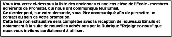 Zone de Texte: Vous trouverez ci-dessous la liste des anciennes et anciens el&egrave;ve de l'Ecole - membres adh&eacute;rents de Promatel, qui nous ont communiqu&eacute; leur Email,  Ce dernier peut, sur votre demande, vous &ecirc;tre communiqu&eacute; afin de permettre un contact au sein de votre promotion,  Cette liste non exhaustive sera compl&eacute;t&eacute;e avec la r&eacute;ception de nouveaux Emails et notamment &agrave; la suite de nouvelles adh&eacute;sions par la Rubrique Rejoignez-nous que nous vous invitons cordialement &agrave; utiliser.   
